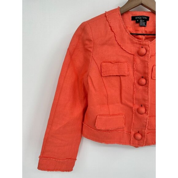 Etcetera Linen Blazer Women 6 Cropped Peach Button Front Frayed Seams Long Sleev - Picture 2 of 10